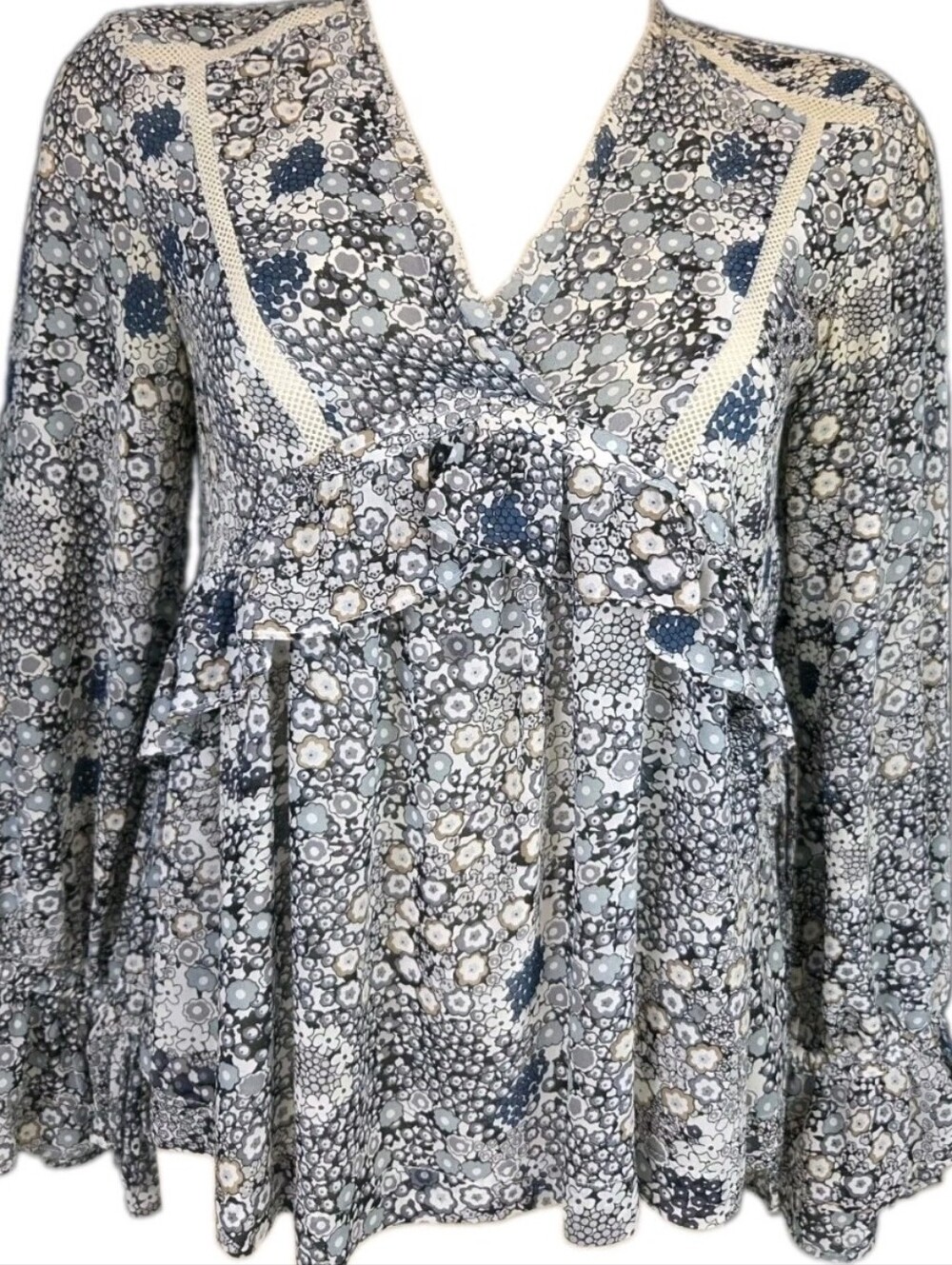 SUNCOO Paris Lauren Blouse Floral Peasant Womens US XS EU 34 Blue Ruffle Top EUC